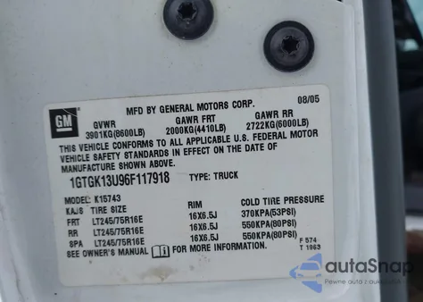 2006 GMC Sierra 1500Hd Slt z USA, uszkodzony, nr VIN 1GTGK13U96F117918